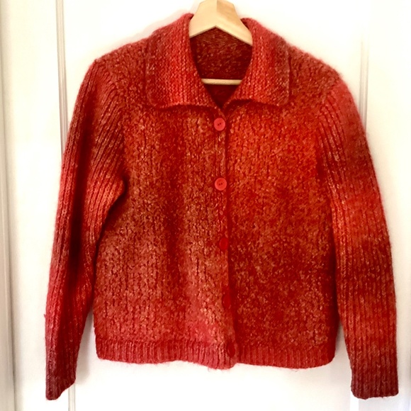 Vintage Hand Knit Button Down Long Sleeve Cardigan Orange Boucle Size S/M Jacket - Picture 2 of 15